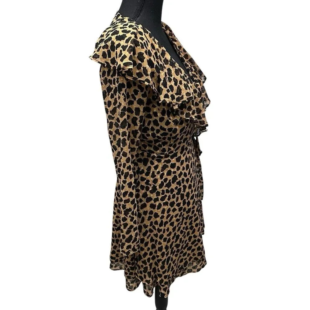 Free People Frenchie Leopard‎ Print Wrap Mini Dress  XS Long Sleeves Ruffle NWT
